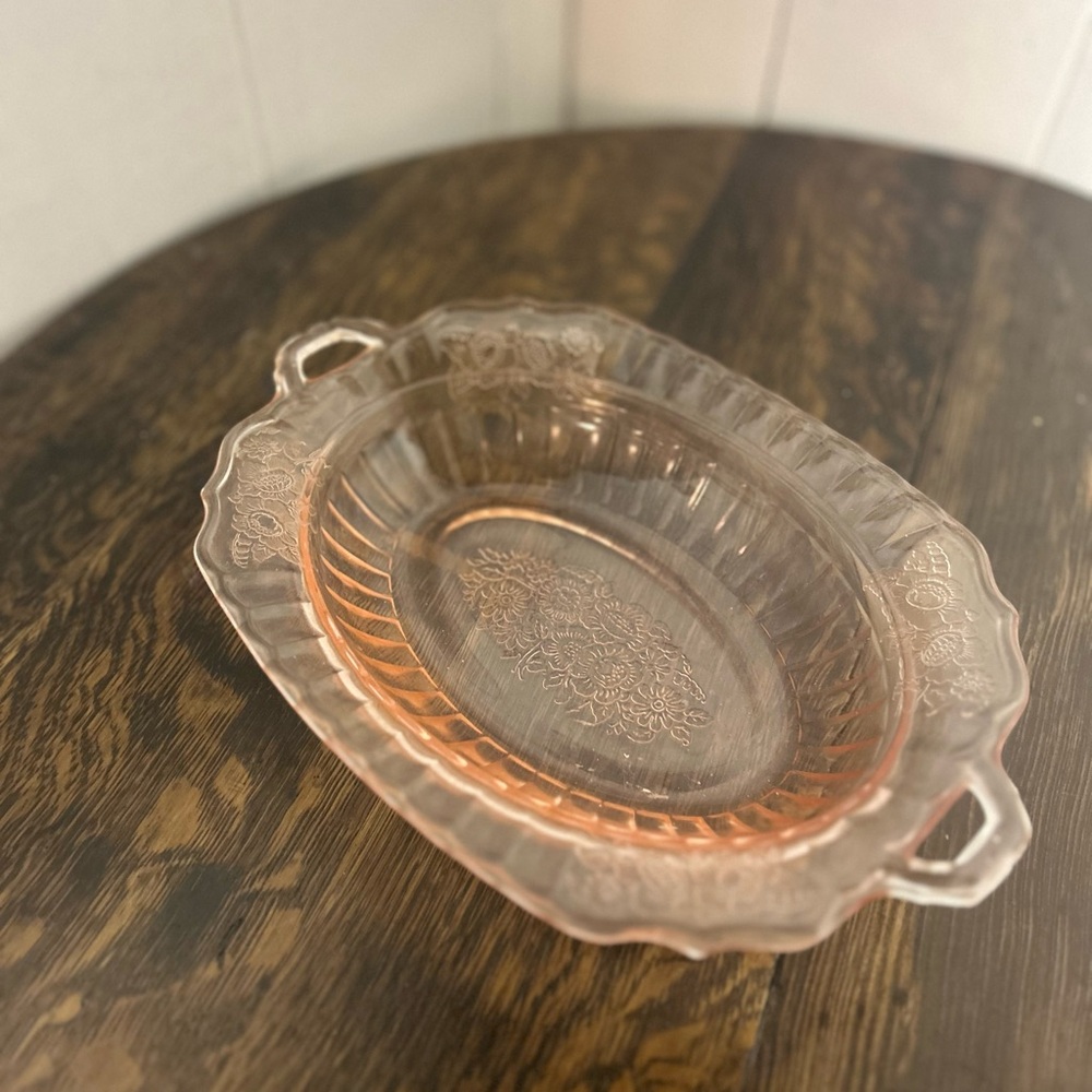 Vintage Elegant Pink Rose Depression Glass Serving Tray with Embossed Florals